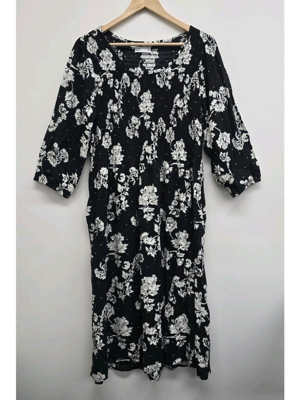 Croft & Barrow 3/4-Sleeve Smocked Challis Dress Sz L Floral Cottagecore Pockets